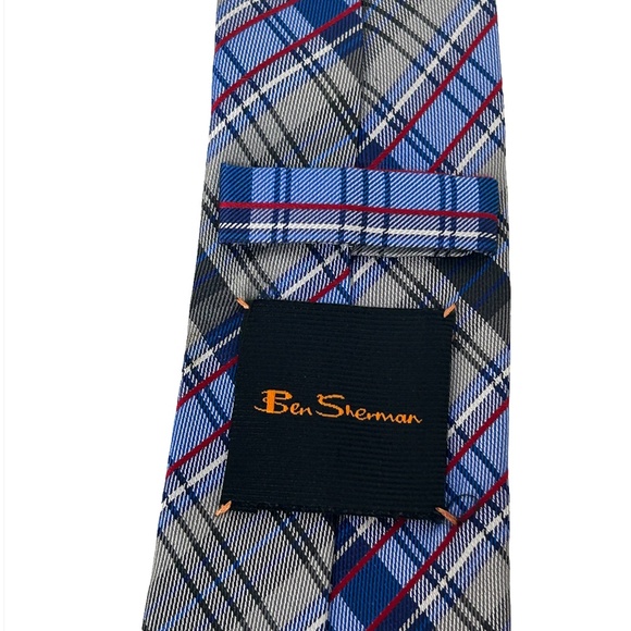 Ben Sherman Necktie Tie Plaid Tartan Silk Silver Sky Blue Hand Stitched NWOT - Picture 4 of 7